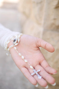 Spiritual Wave Christian White Pearl Rosary With original Bethlehem Soil