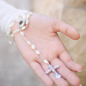 Spiritual Wave Christian White Pearl Rosary With original Bethlehem Soil